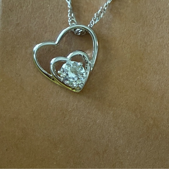 NEW Silver-Tone Double Heart Pendant Necklace – Sparkling CZ Accent - Picture 7 of 15